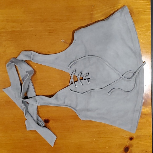 Microsuede Grey Lace up Halter Top - Picture 1 of 6